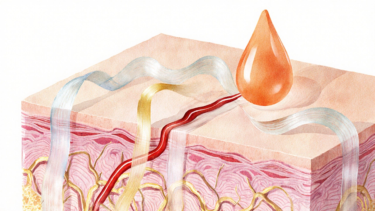 Акварельный рисунок гиалуроновой кислоты, пептидов и PRP на разрезе кожи.