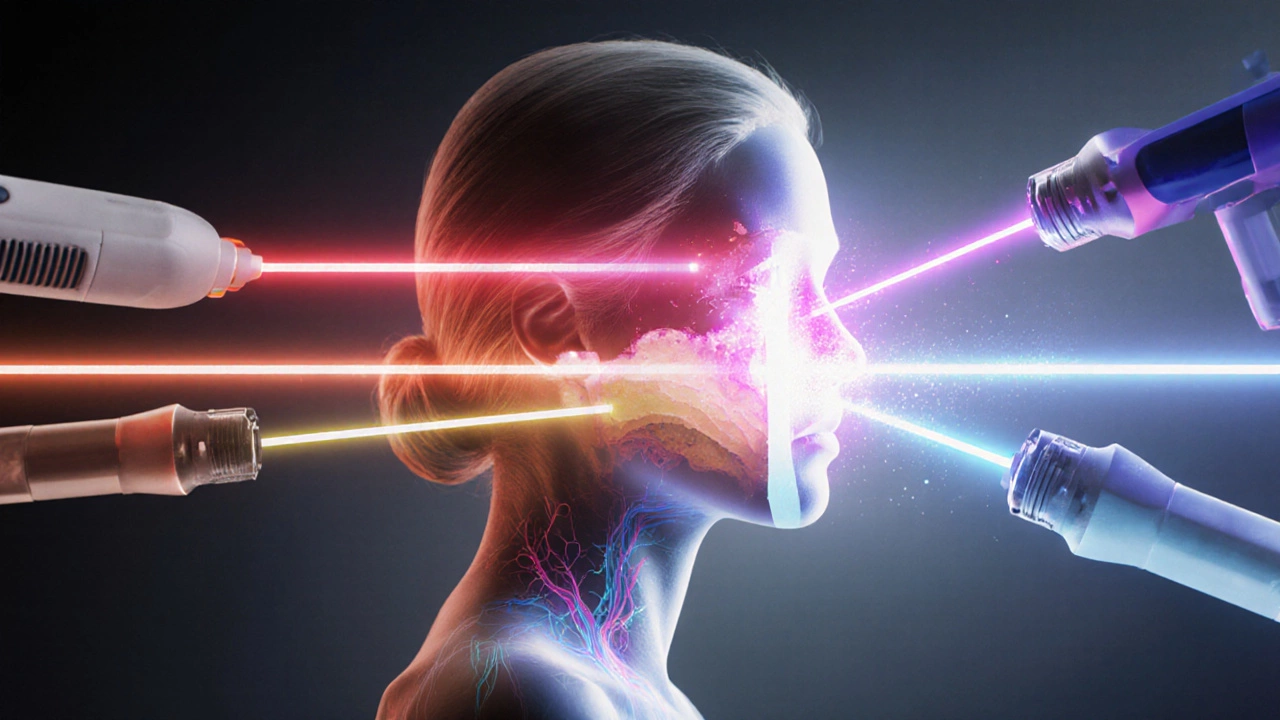 Боковой профиль лица с четырьмя разными лазерными лучами разной глубины.