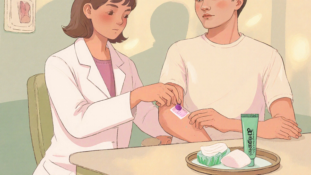 Дерматолог консультирует пациента, показывает тестовый участок и применяет успокаивающий уход.