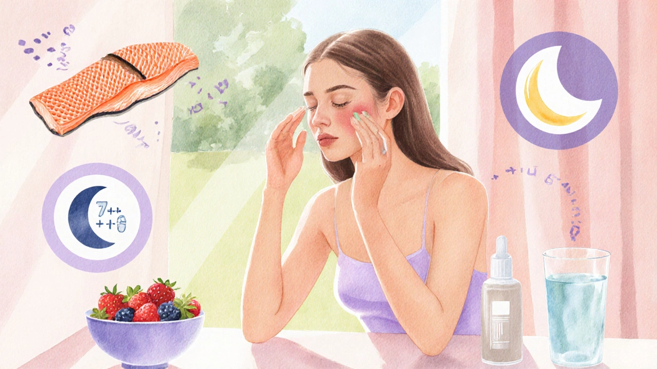 Девушка наносит безмасляный крем и солнцезащитный крем, вокруг фрукты, рыба и знак сна.