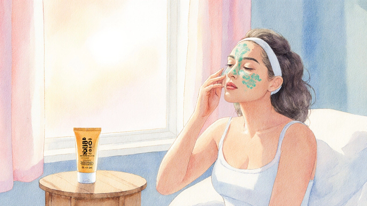 Девушка наносит успокаивающий гель и солнцезащитный крем после процедуры.