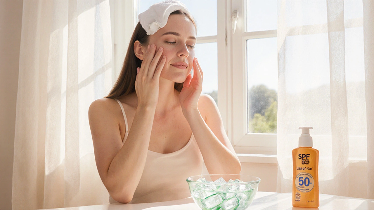 Девушка наносит успокаивающий крем после лазерной процедуры, рядом лед.