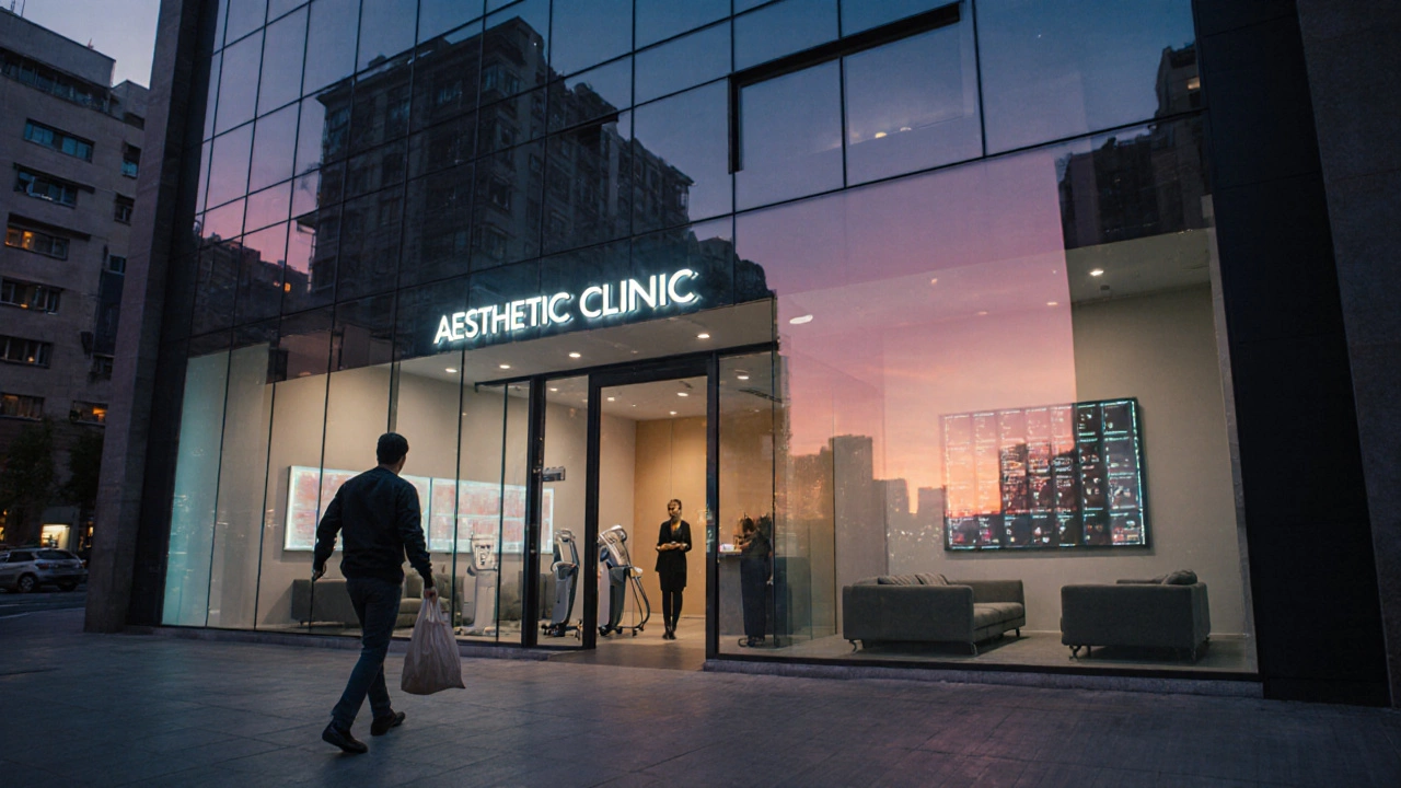 Elegant clinic exterior at sunset with a patient entering the modern facility.
