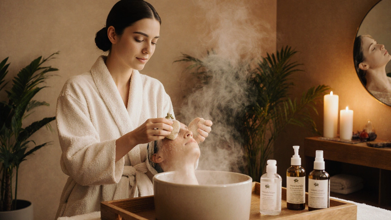 Эстетист проводит очищение лица в спа-салоне с мягким освещением и натуральными средствами.