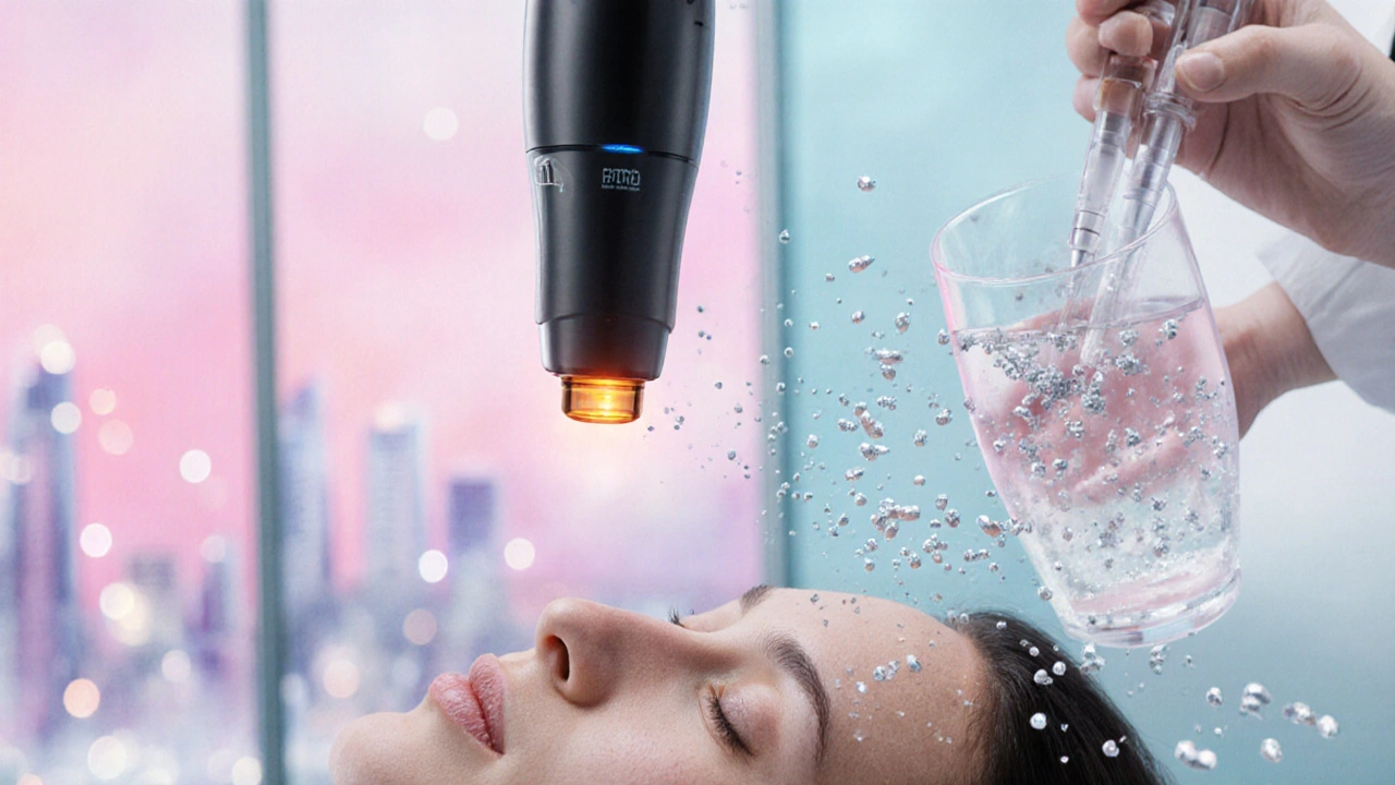 Футуристическая клиника 2025 года: термометрический PТД‑лазер и нанокапсулы над пациентом.