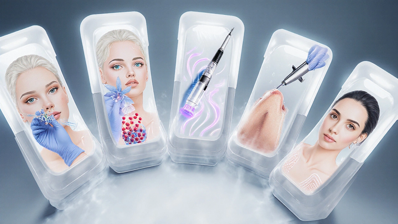 Иллюстрация пяти процедур: ботокс, фракционный лазер, мезотерапия, PRP и ультразвуковой лифтинг.