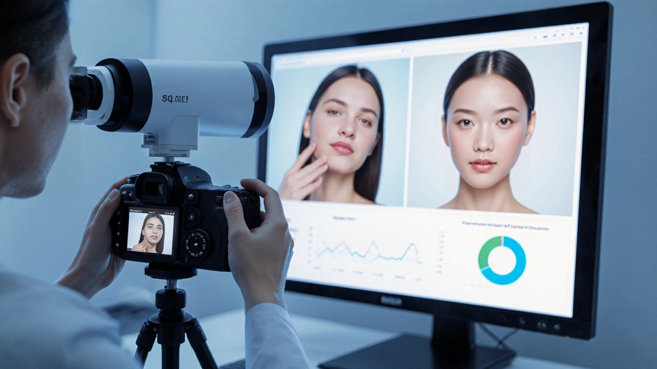 Иллюстрация врача в кабинете с фотометрическим прибором и камерой для анализа кожи.