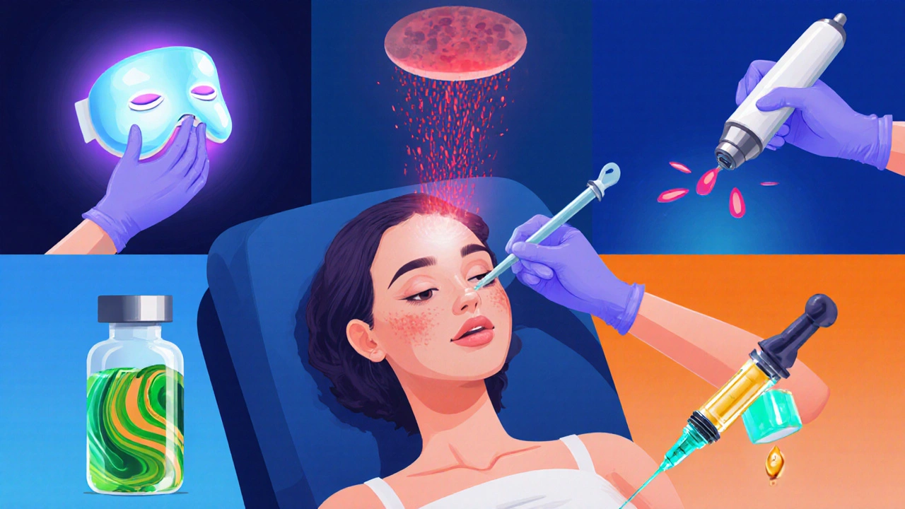 Illustrated collage of LED therapy, face extraction, herbal peel, laser, mesotherapy, and PRP.