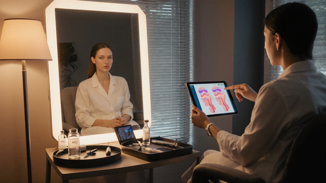 Консультация у дерматолога, отражение молодого образа в зеркале, инструменты процедур на столе.