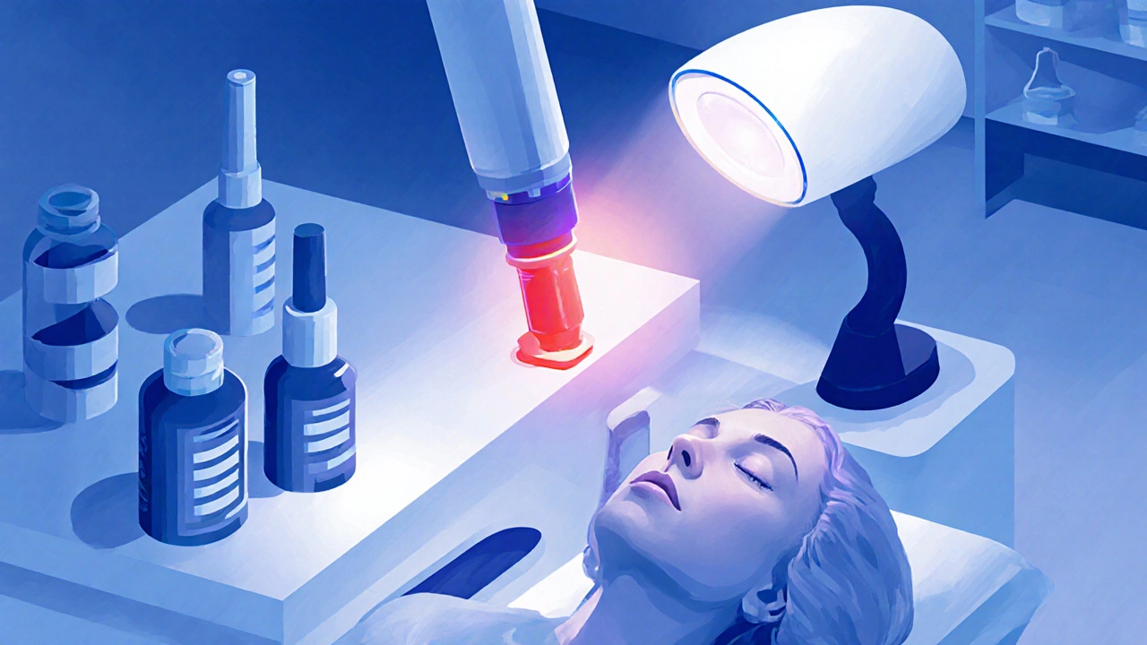 Косметолог проводит лазерную обработку кожи, направляя луч на пигментное пятно.