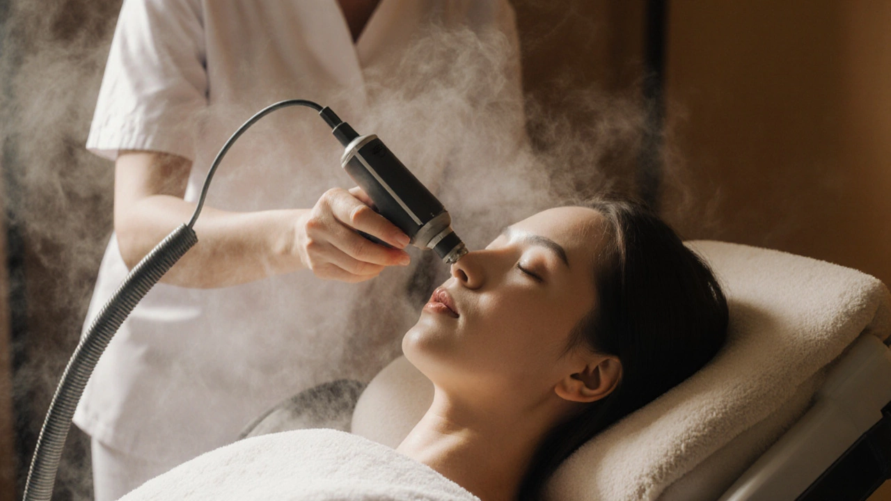 Косметолог проводит вакуумную чистку лица в салоне с паром.