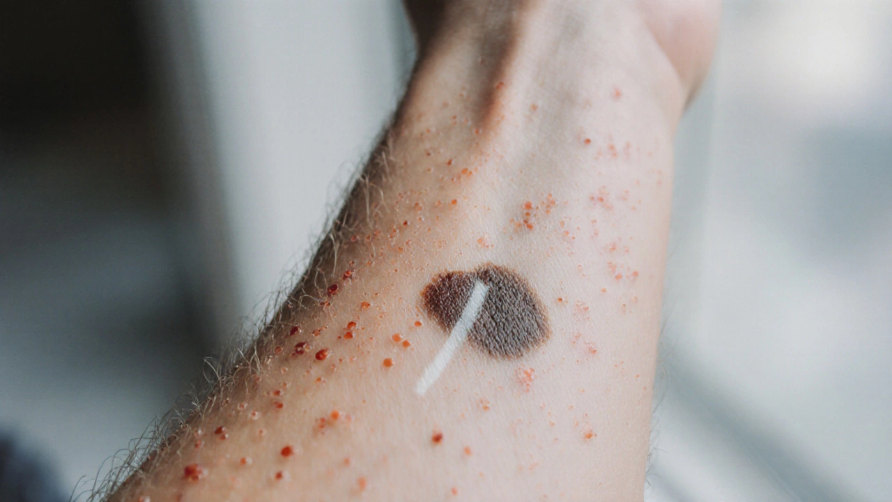 Крупный план кожи с гнойничками, темными пятнами, рубцом и густыми волосами после лазера.