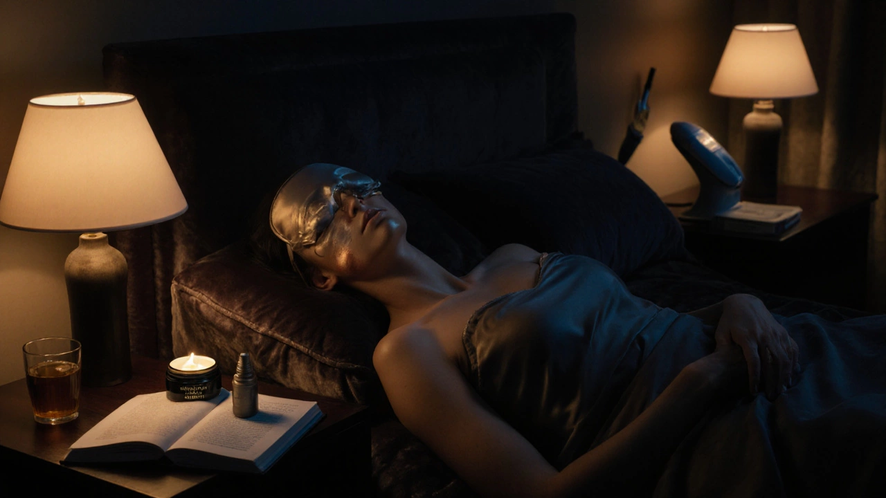 Ночная сцена: женщина на шезлонге после нанесения ночного крема, рядом лазер и микронидлинг, уютный интерьер.