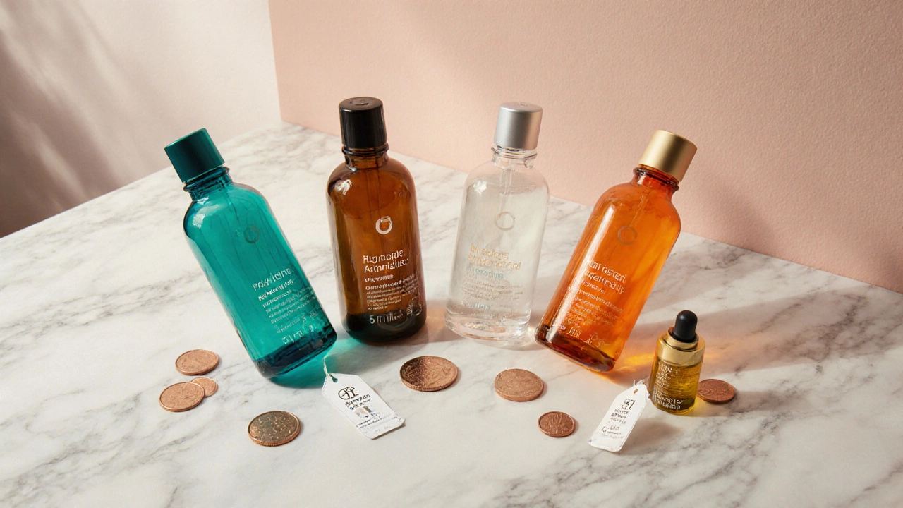 Пять бюджетных флаконов косметики на мраморной поверхности, каждый с цветной крышкой.