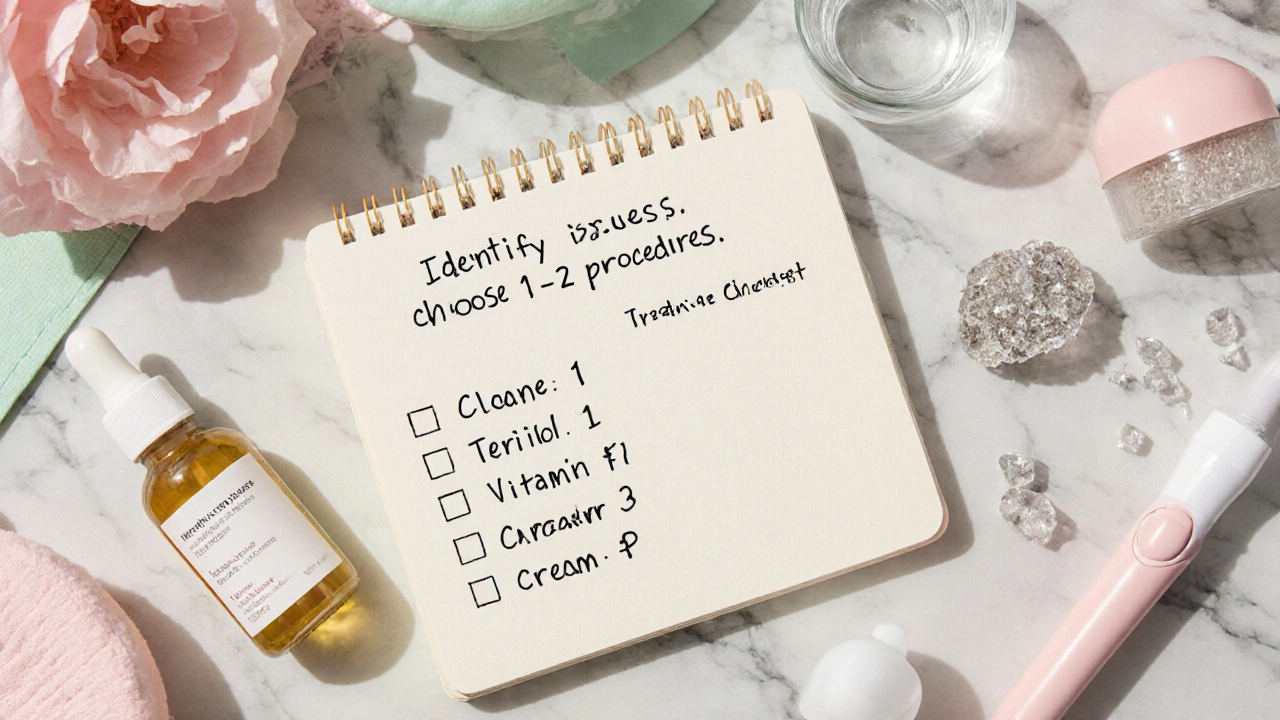 Плоская композиция с чек‑листом ухода, косметикой и моделями процедур на мраморной столешнице.
