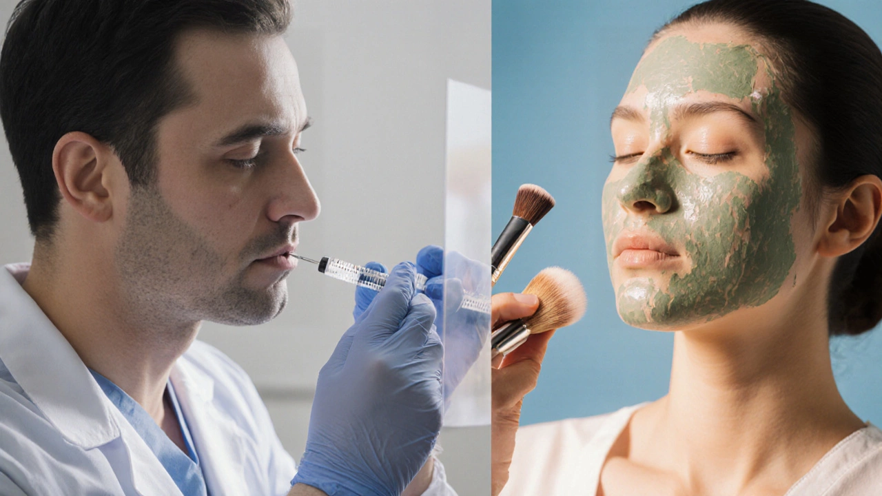 Разделённая сцена: врач делает инъекцию, эстетист наносит маску — граница между лечением и уходом.