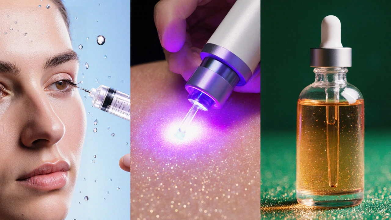 Разделённый рисунок: инъекция ботокса, лазерный луч на щеке и капля сыворотки на коже.