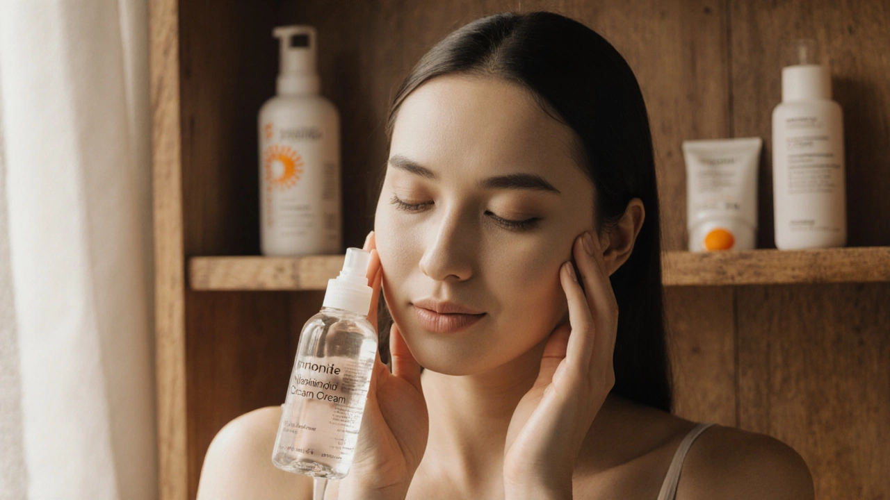 Руки наносят тоник на лицо, рядом крем и солнцезащитный крем, атмосфера спокойного ежедневного ухода.
