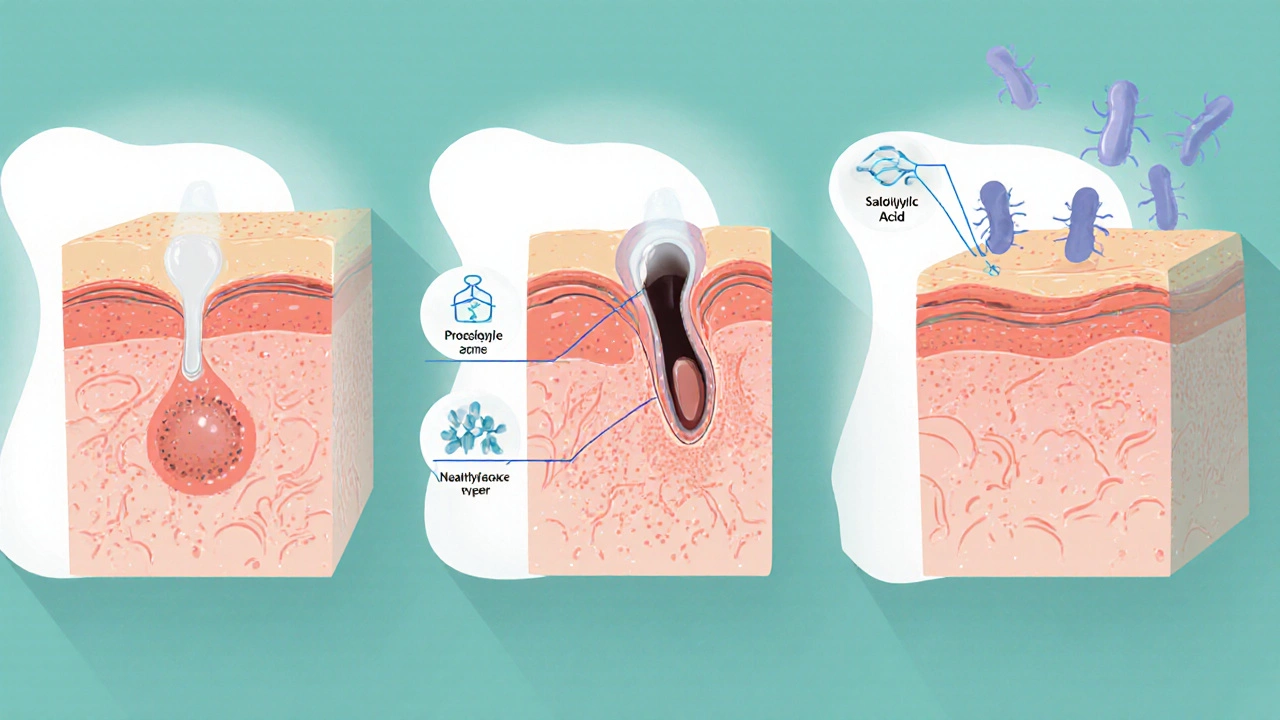 Схема кожи с тремя причинами акне: забитая пора, избыток себума и бактерии, с маркерами активных ингредиентов.