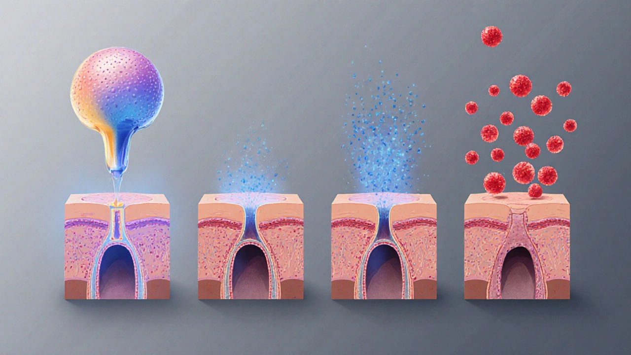 Схематичное изображение четырех причин акне: избыток себума, закупорка пор, бактерии и воспаление.