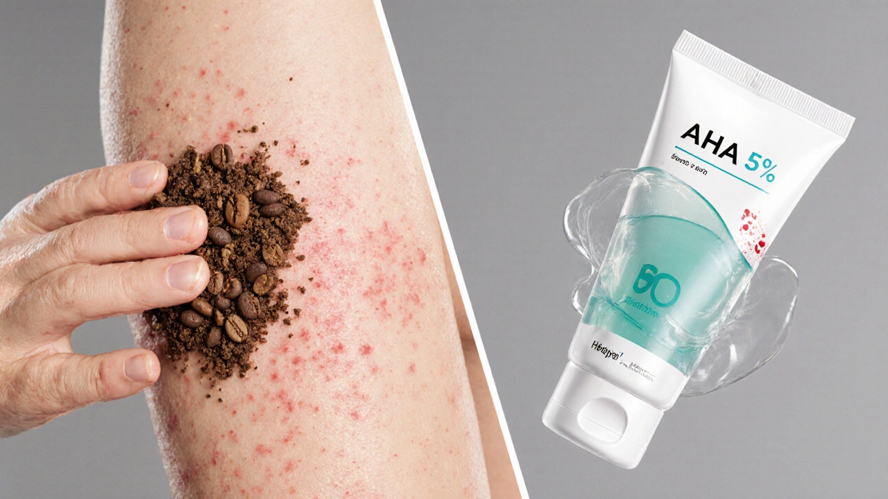 Слева грубый скраб оставляет микроповреждения на коже, справа AHA‑гель нежно очищает без раздражения.