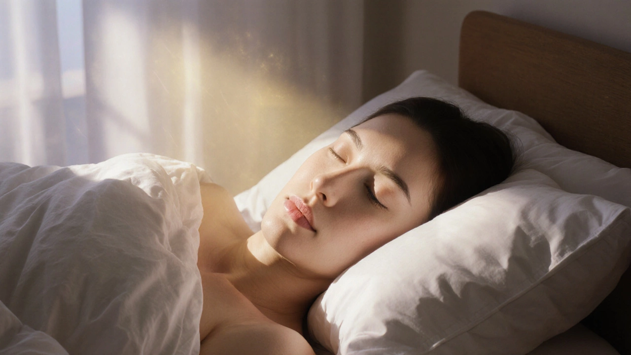 Спящая женщина с сияющей, увлажнённой кожей под утренним светом.