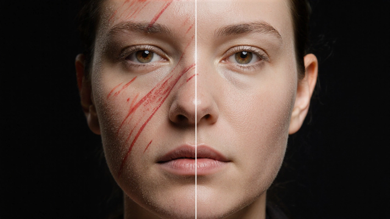 Сравнение лица до и после лечения акне: воспаления заменены на гладкую, здоровую кожу.