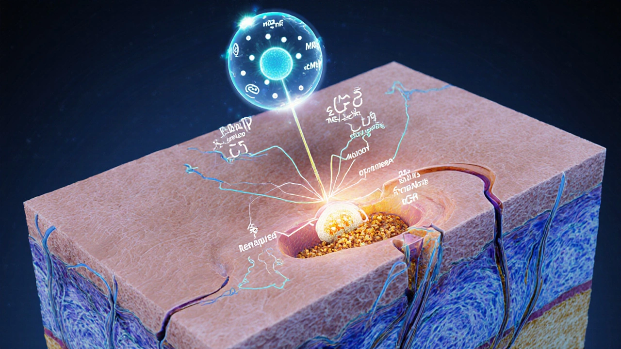 Срез кожи, показывающий меланоцит, рецепторы MC1R, аденилатцикл и синтез меланина.