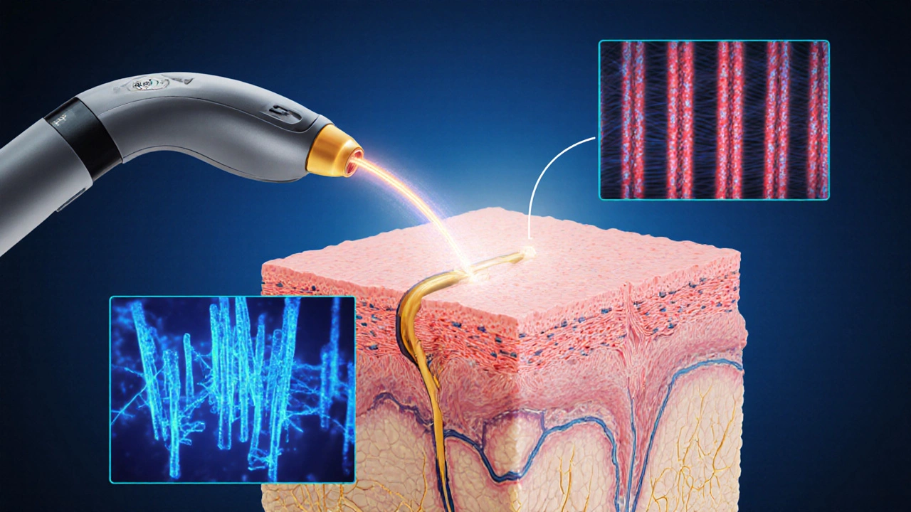 Срез кожи с лучами радиочастот, ультразвука и лазера, показывающими стимуляцию коллагена.