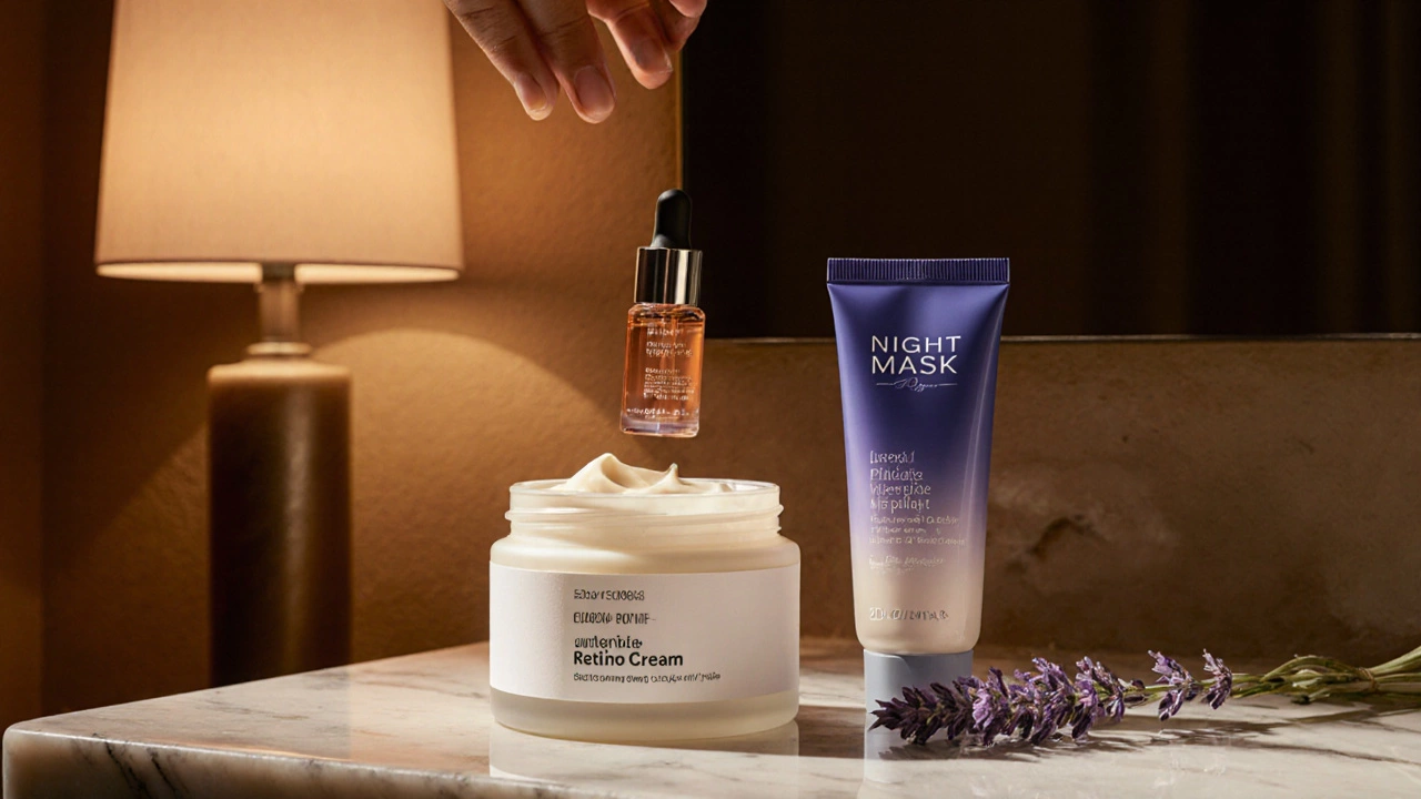 Три продукта антивозрастного ухода красиво размещены на мраморной поверхности.