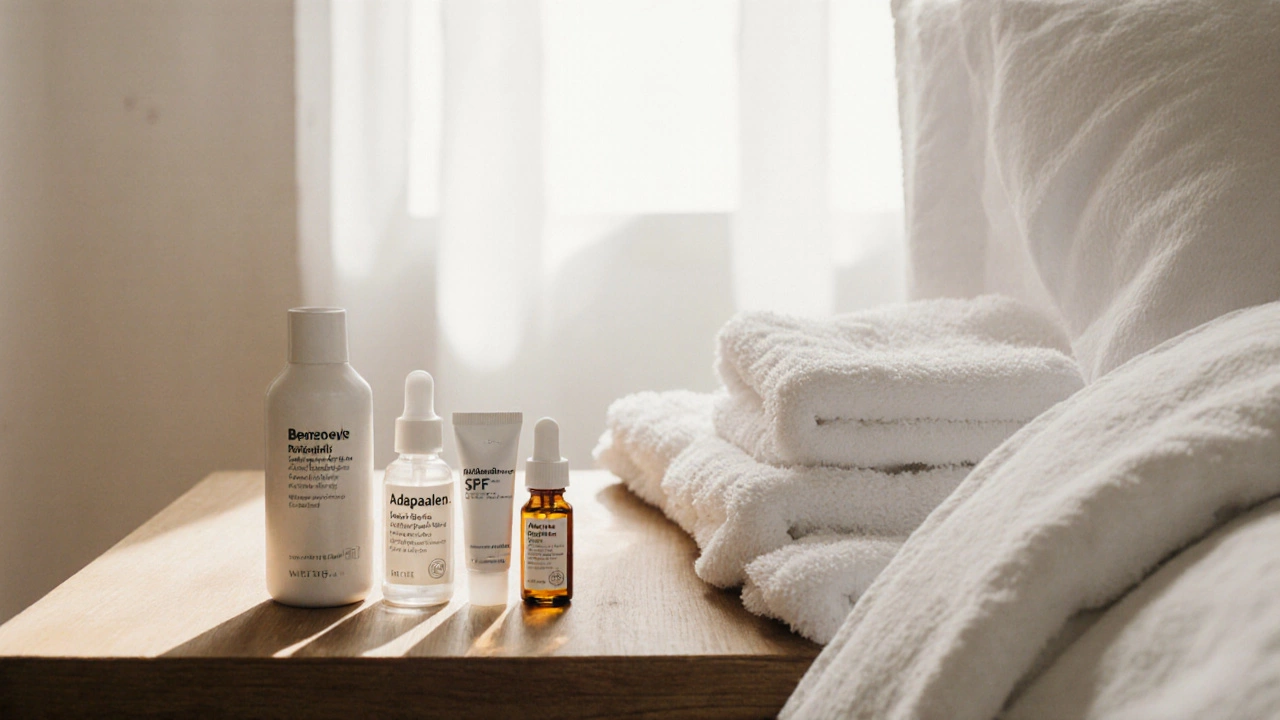 Три средства от акне и ухода за кожей на деревянной поверхности с кремом и SPF, утренний свет.