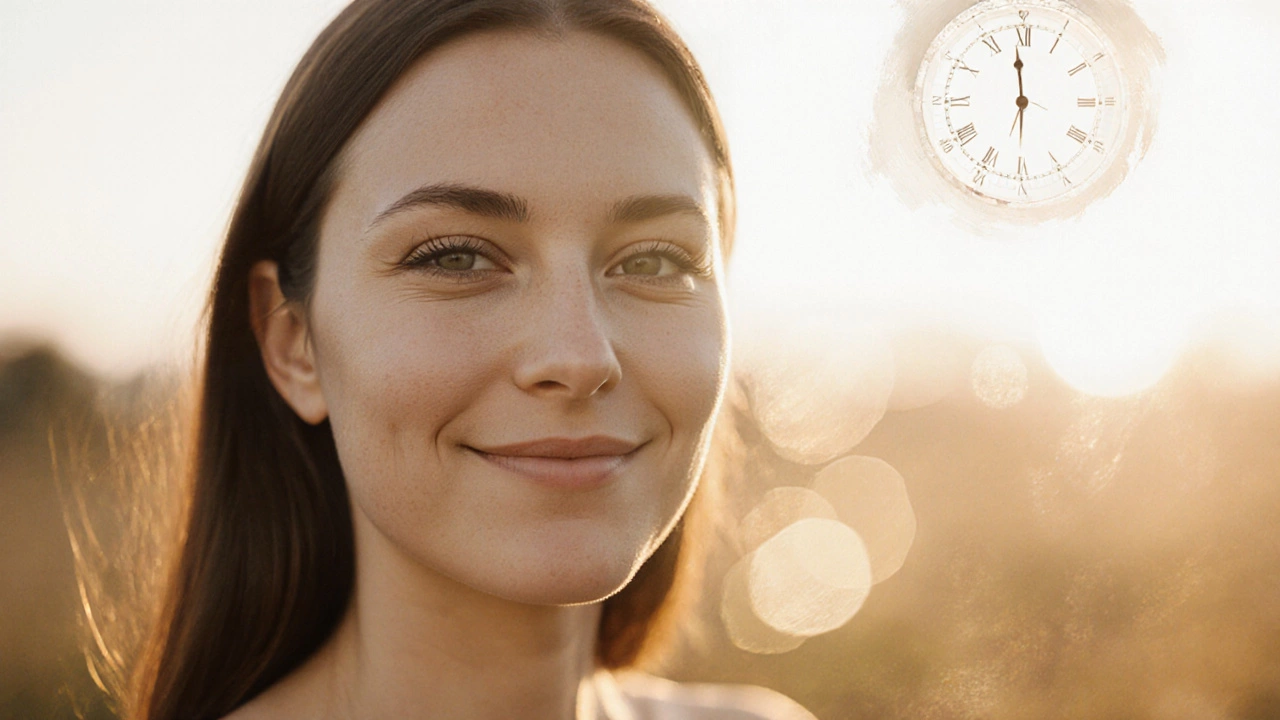 Уверенная женщина с безупречной кожей, свет и мягкие намёки на время.