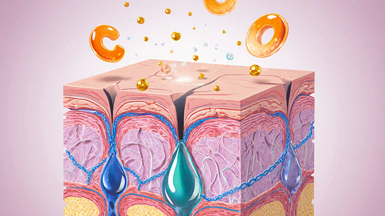 Векторная иллюстрация слоёв кожи, показывающая действие витамина C, ретинола, пептидов и гиалуроновой кислоты.