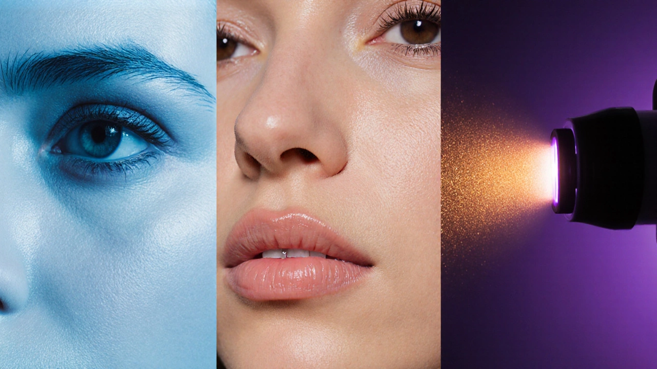 Визуальная сцена разных процедур: Ботокс, филлеры, радиочастотный лифтинг, лазер и пилинг.