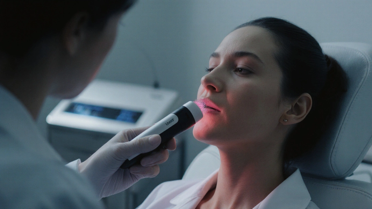 Врач использует RF‑аппарат на лице пациента в клинике.