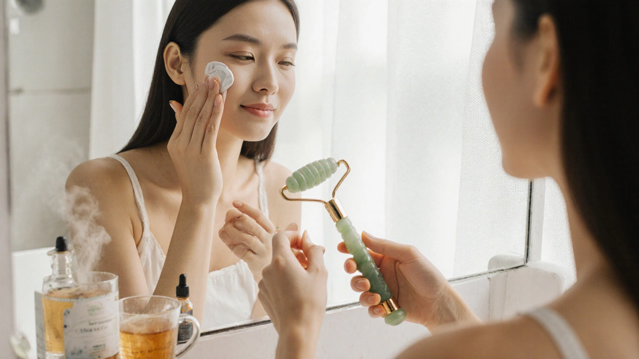 Женщина делает массаж лица нефритовым роллером в светлой ванной.