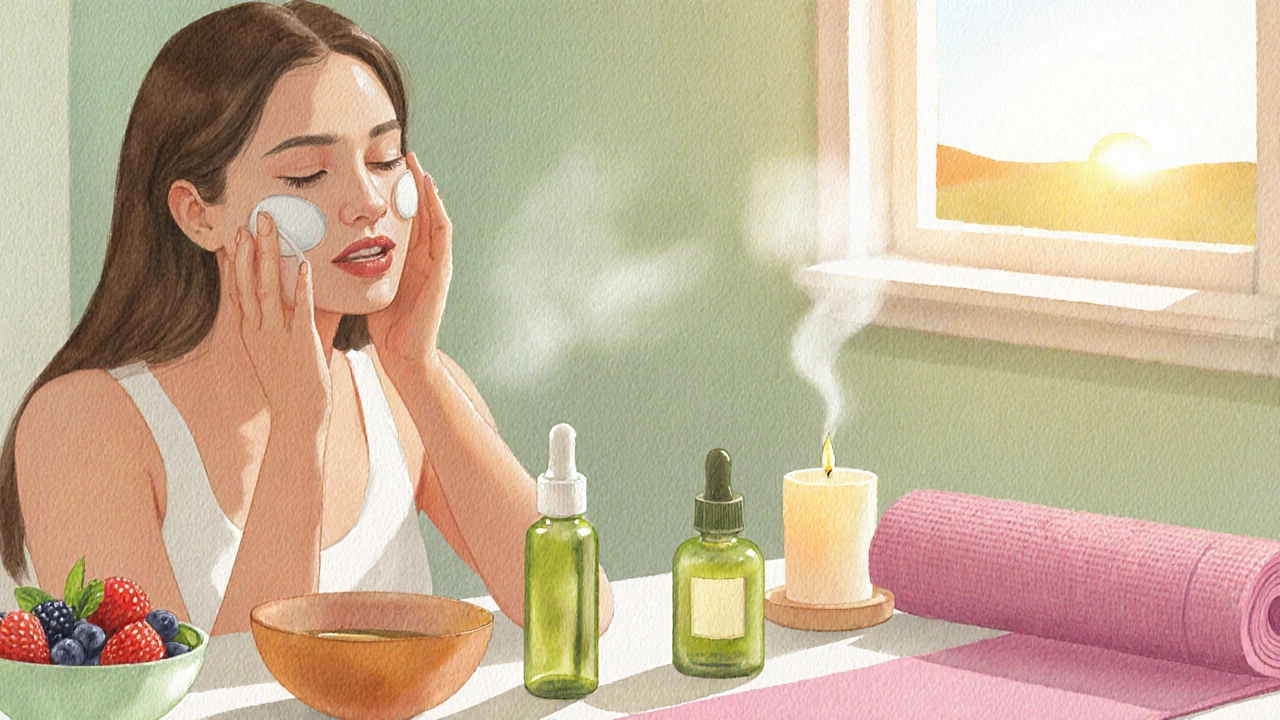 Женщина наносит солнцезащитный крем, рядом ароматные фрукты, йога‑мат и успокаивающая атмосфера.