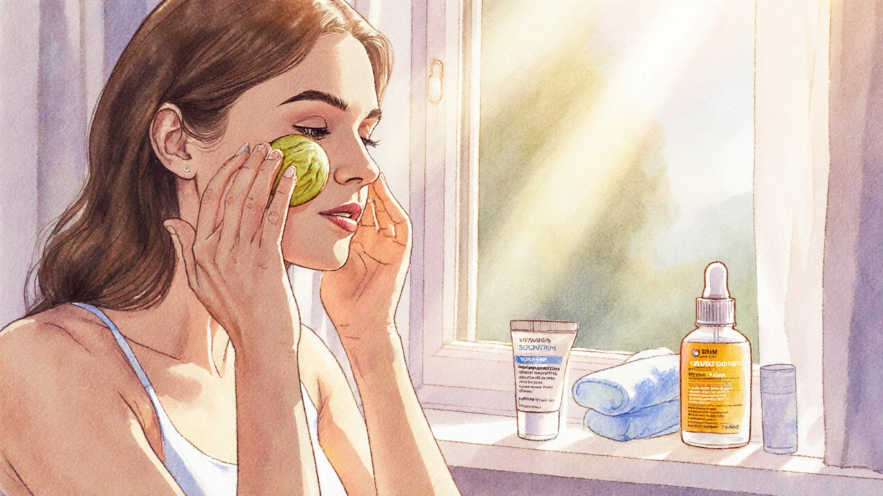 Женщина наносит солнцезащитный крем, рядом стоят витамин C и ниацинамид.