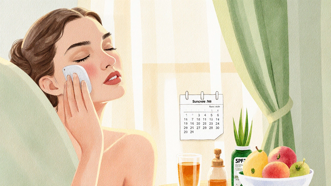 Женщина наносит успокаивающий крем и солнцезащитный крем после процедур в домашней обстановке.