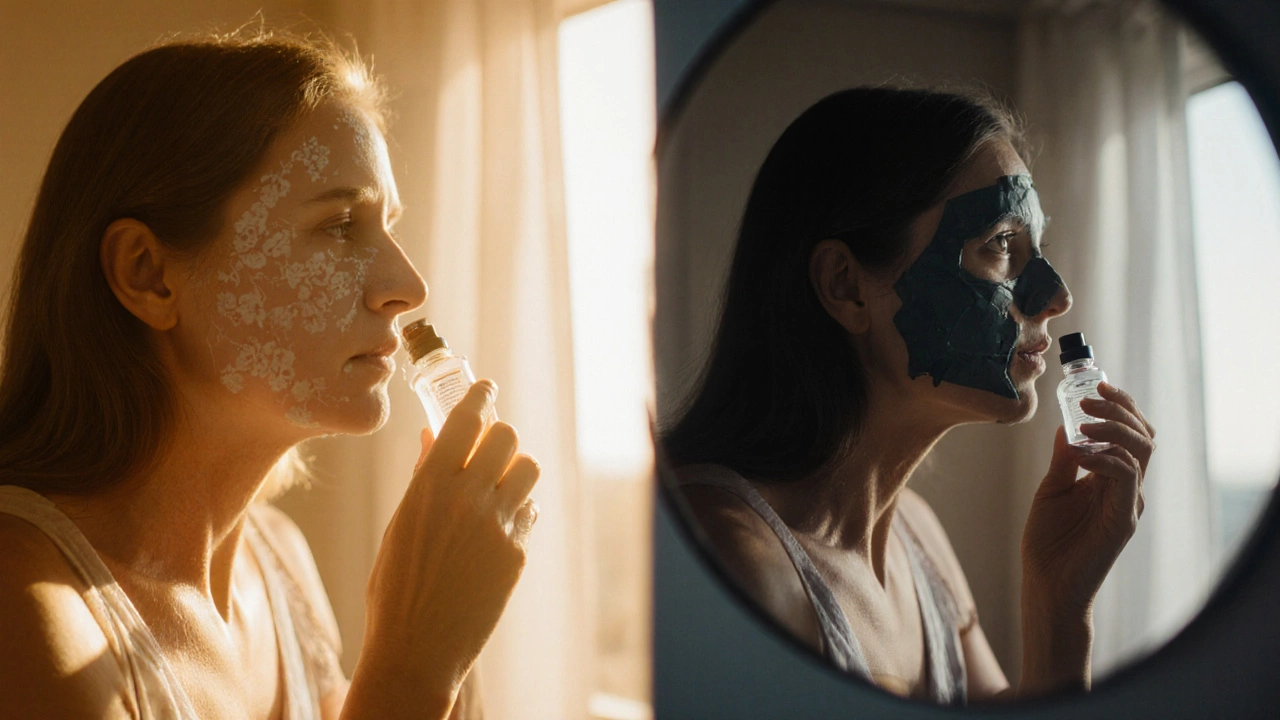 Женщина наносит утренний тоник с витамином C, затем вечерний сыворотка и маску.