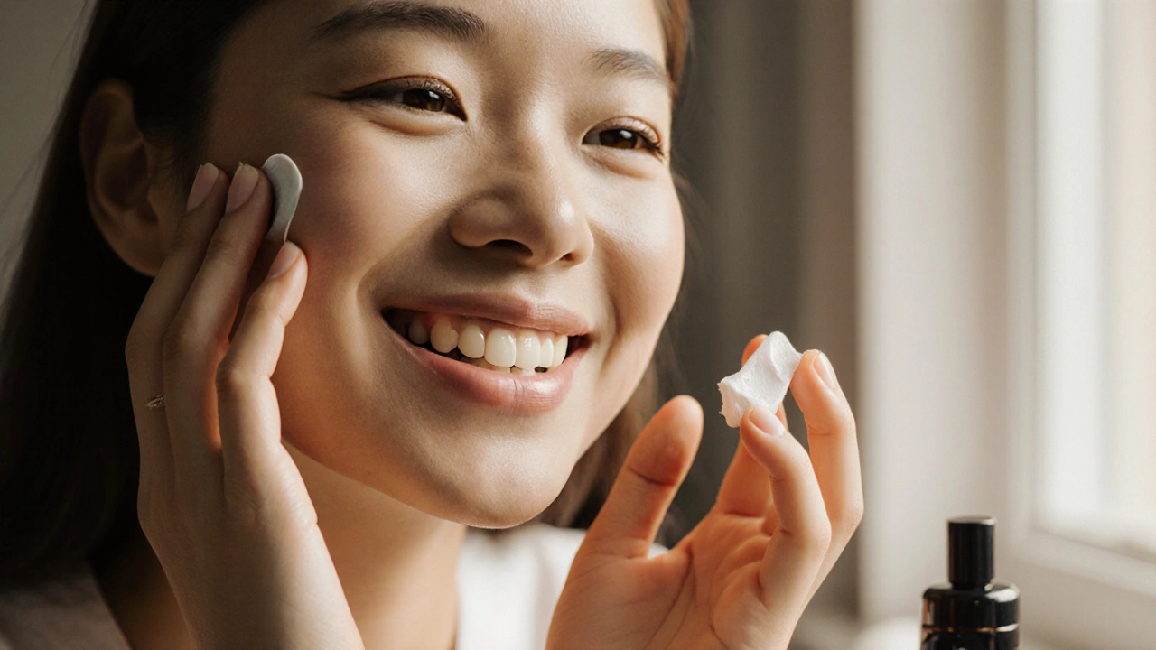 Женщина после лазерного лифтинга нежно ухаживает за кожей, используя увлажняющий крем.