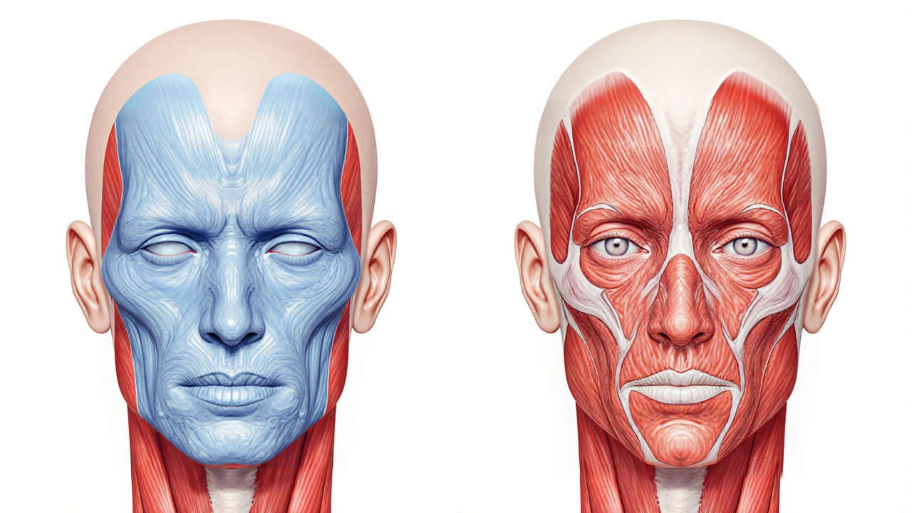 Анатомическая схема лицевых мышц: одна группа парализована, соседние напряжены.