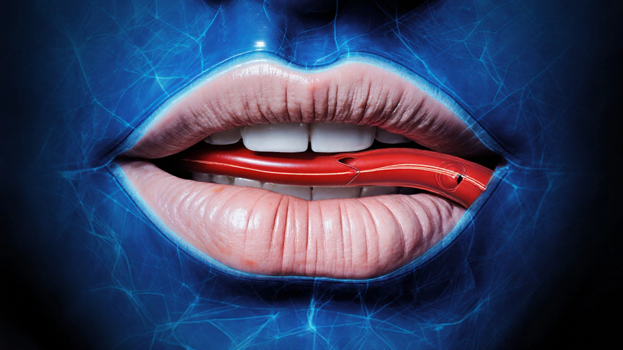 Анатомический разрез губ с заблокированной артерией и бледными тканями.