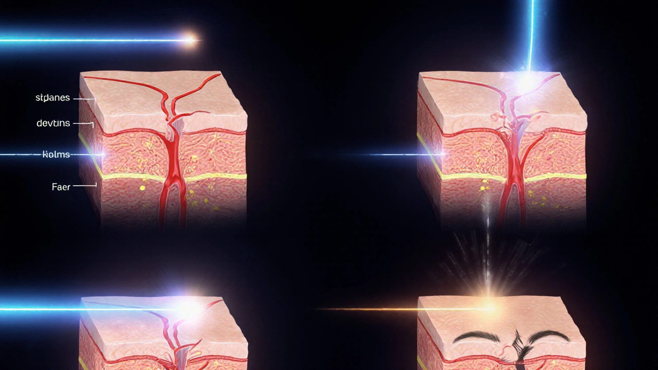 Четыре зоны тела с лазерными лучами, воздействующими на волосы и пигмент, на тёмном фоне.