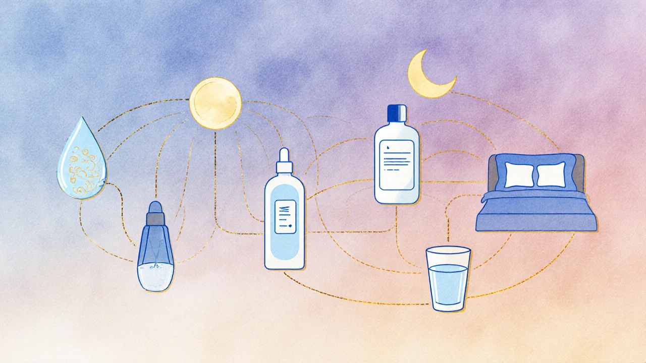 Цикл ухода за кожей: семь шагов, изображённых как иконки в круговой схеме.