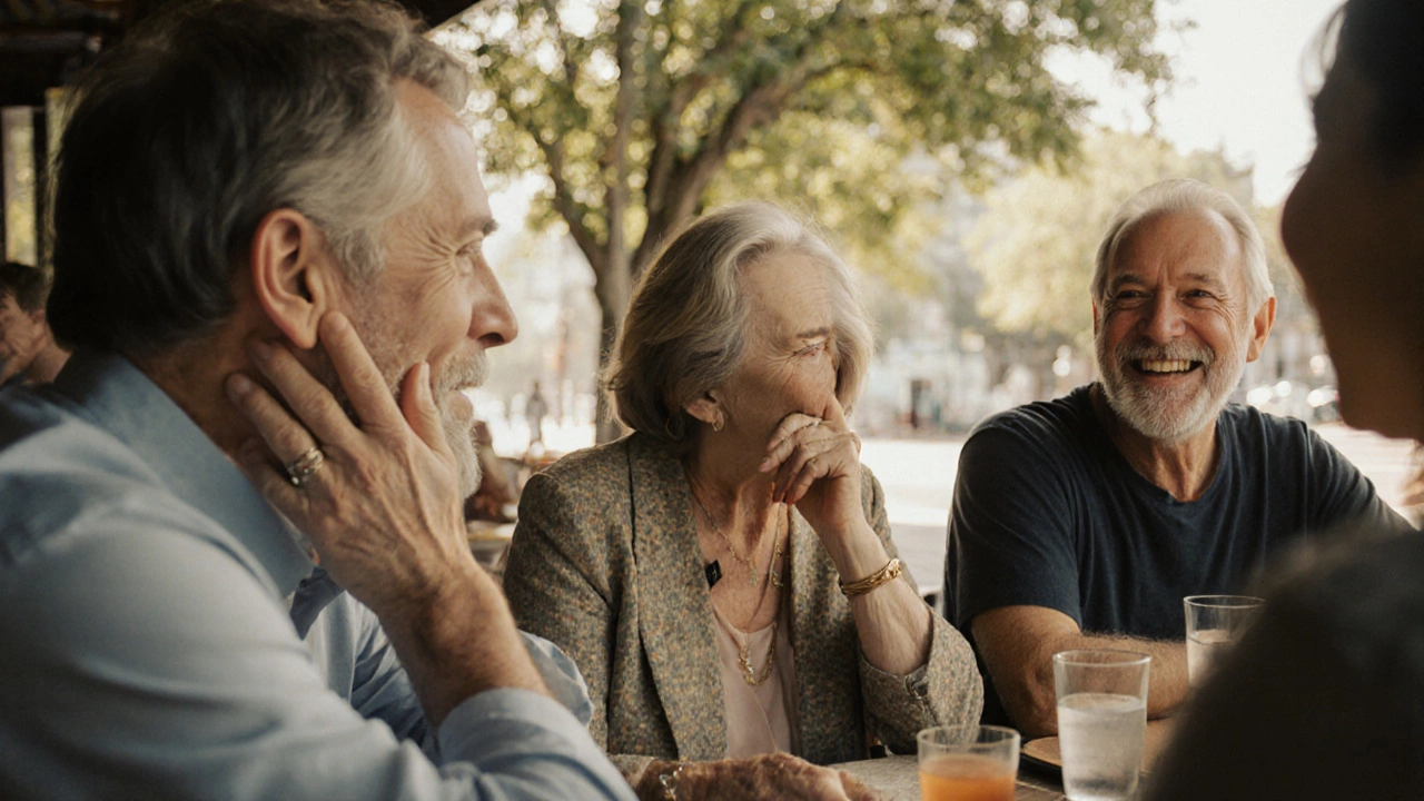 Группа людей разных возрастов смеётся в кафе, их кожа выглядит здоровой и естественной без макияжа.