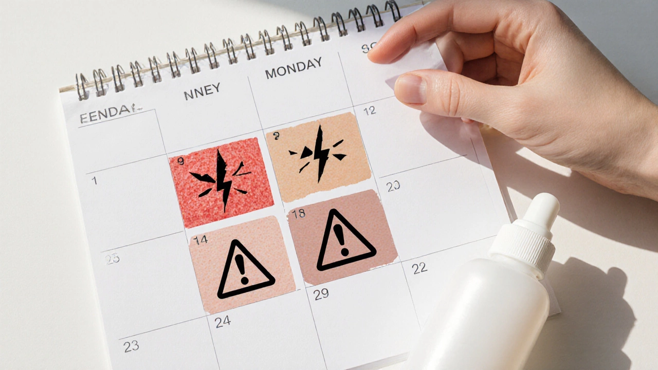 Календарь с состояниями кожи после лазера: здоровая, красная, тёмная и светлая пятна, с символами предостережения.