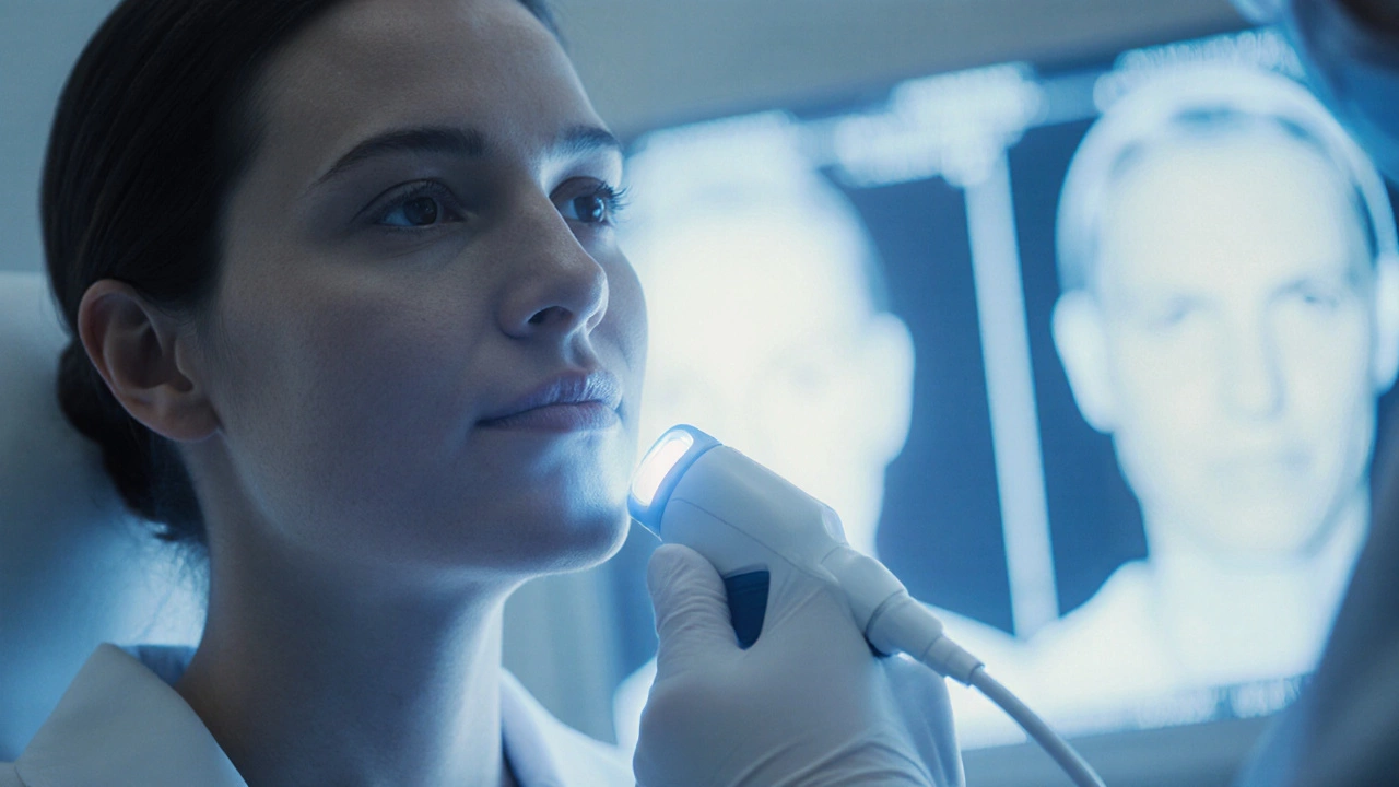 Косметолог проводит лазерную процедуру на лице пациента в клинике, в фоне — цифровая диагностика кожи.