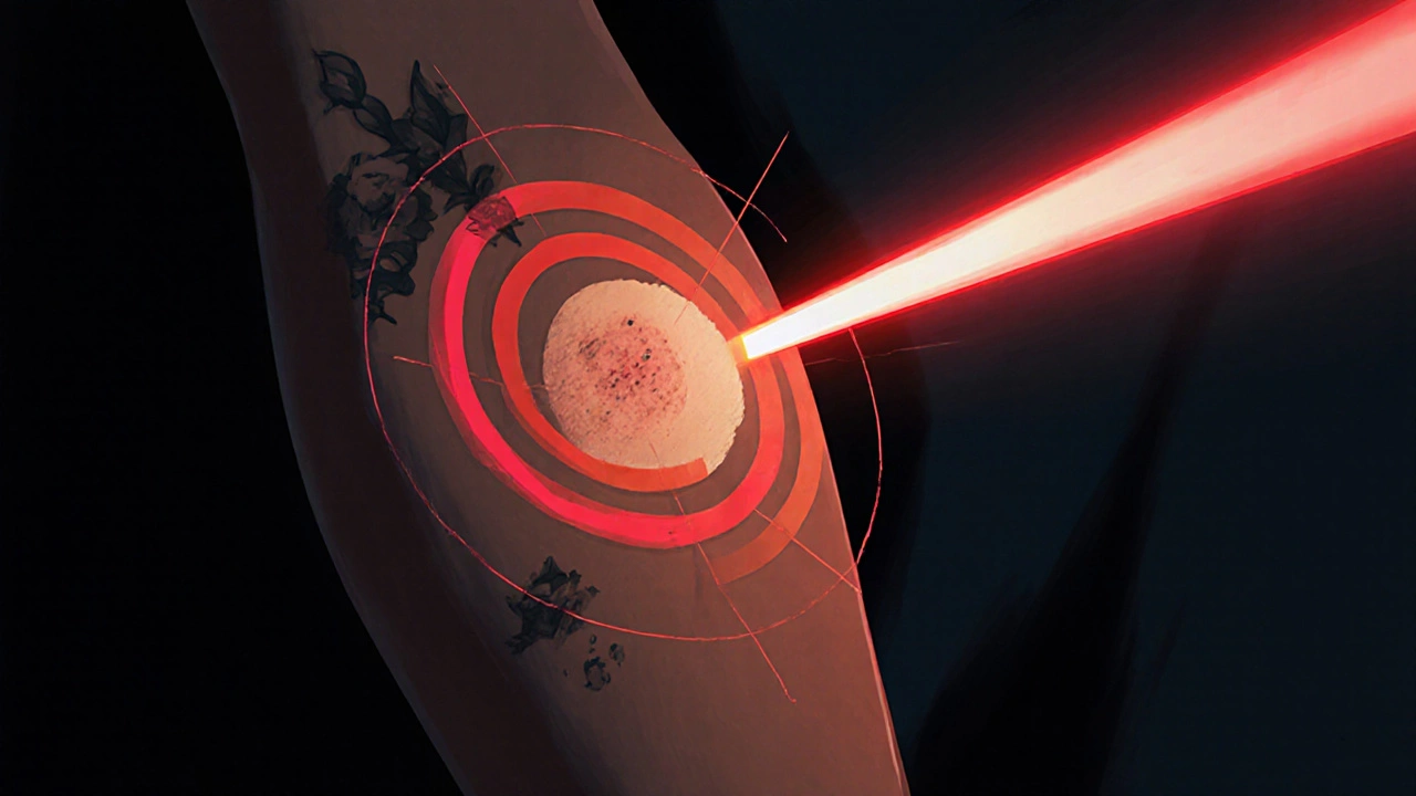 Лазерный луч проходит мимо татуировки и родинки, красные линии предупреждения.
