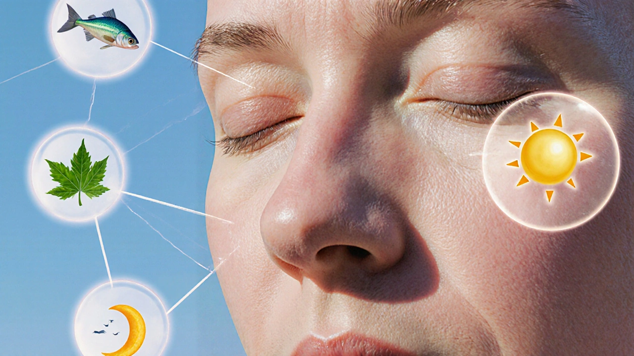 Лицо, составленное из текстур кожи, с символами питания, сна и защиты от солнца вокруг.